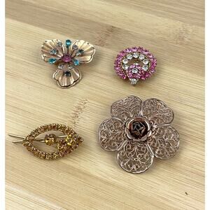 VTG 4x Brooch Pin Lot‎ Filigree Amber Floral Prong 3D Gold Tone Bronze 1960s